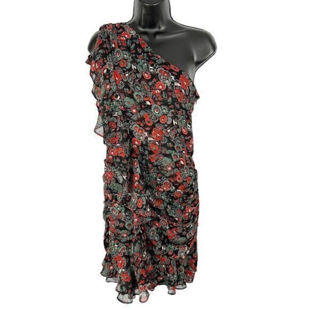Veronica Beard Ballard Silk One‎ Shoulder Floral Ruffle Dress Black Red Size 2